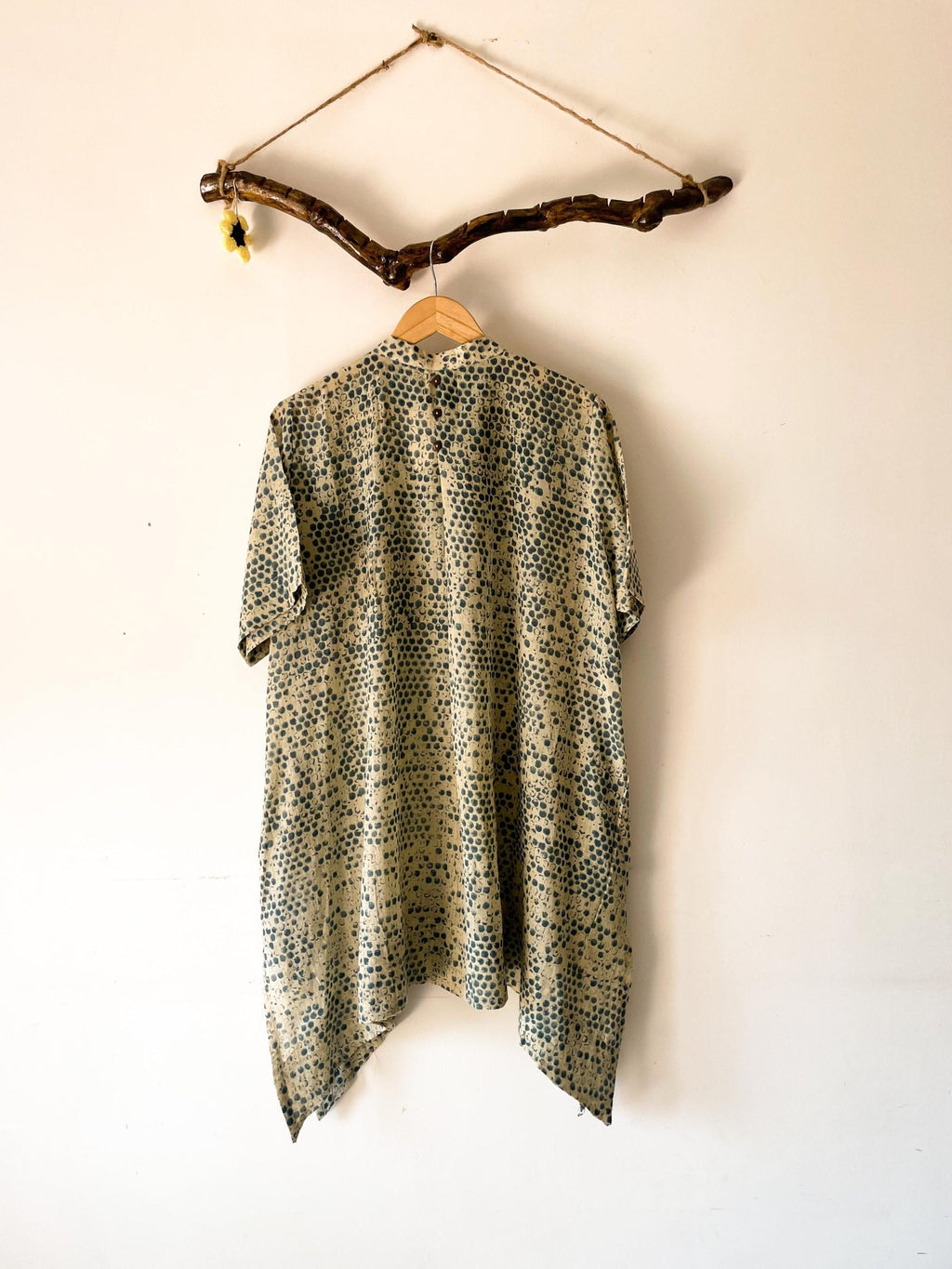 asymmetric long shirt blue bubble block print - indigo, off white