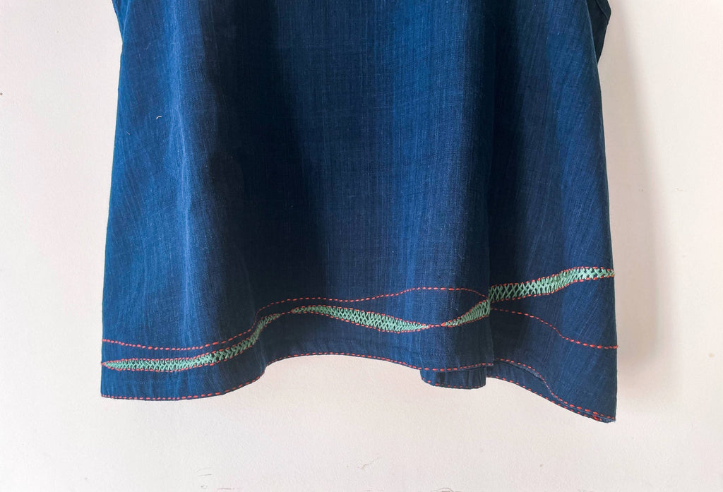 sleeveless umbrella top with embriodered lines - indigo