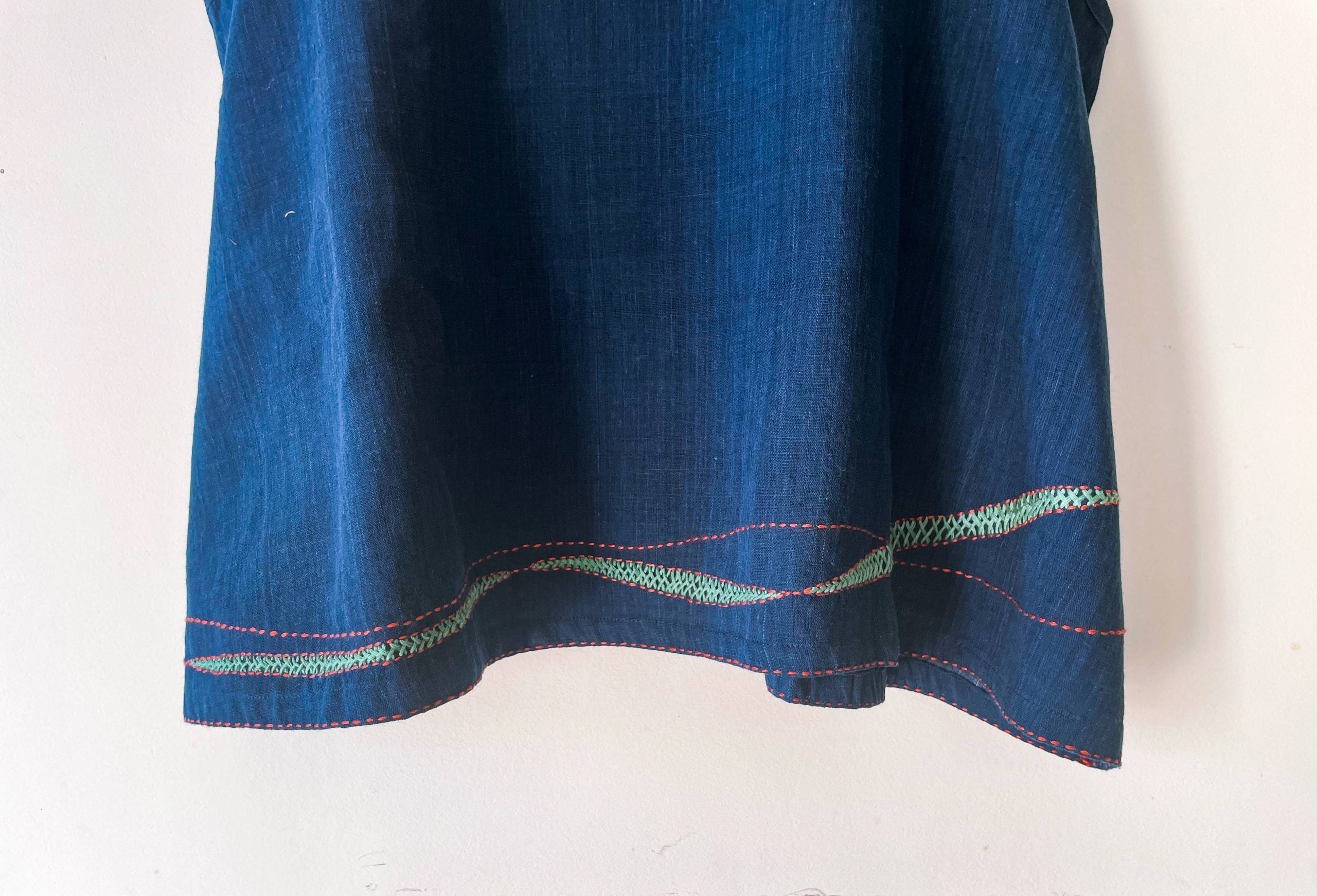 sleeveless umbrella top with embriodered lines - indigo