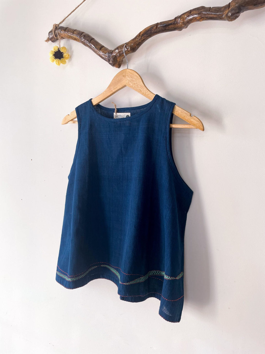 sleeveless umbrella top with embriodered lines - indigo
