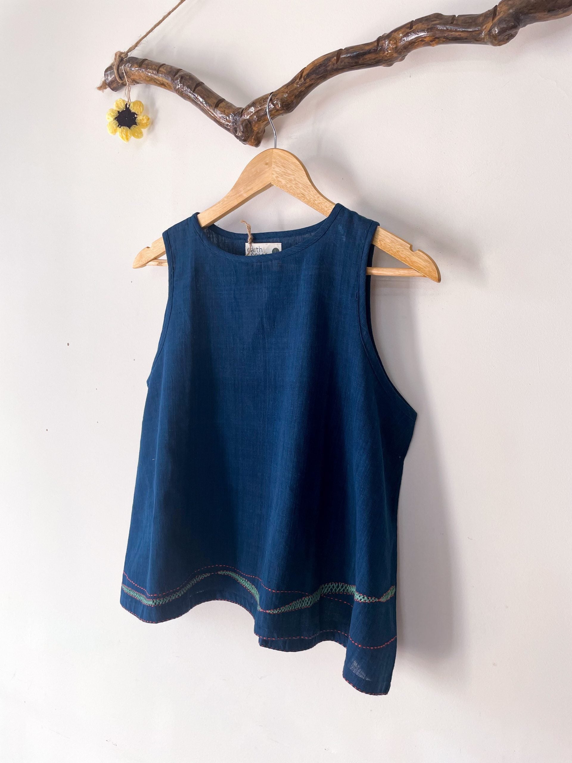 sleeveless umbrella top with embriodered lines - indigo