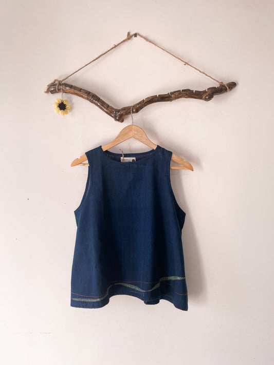 sleeveless umbrella top with embriodered lines - indigo