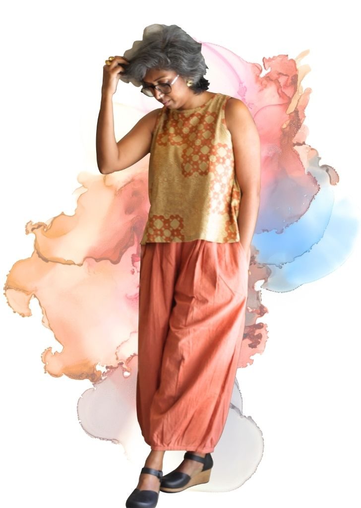 balloon pants with sleeveless tee rust/offwht ajrakh