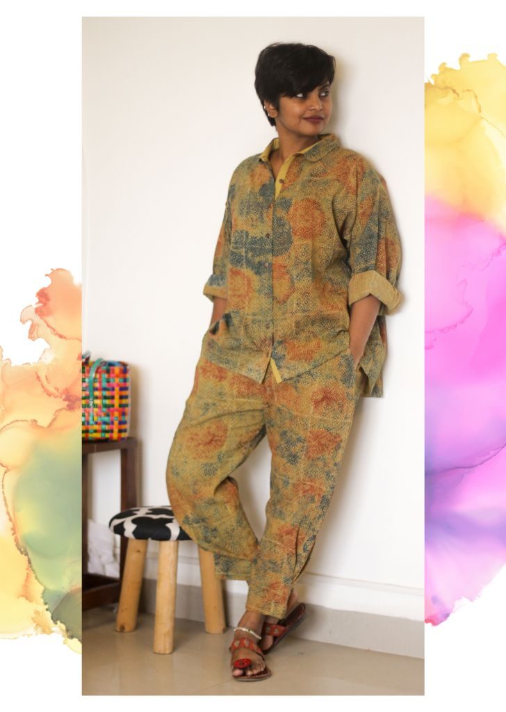 tuck bottom pants with oversized shirt green block print