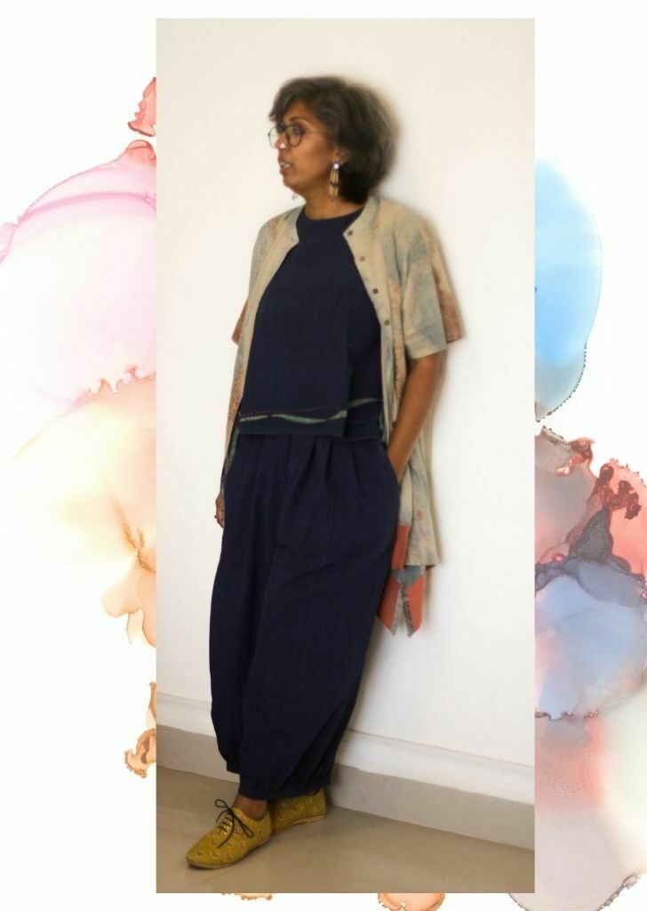 indigo top & pant with asymmetric long shirt